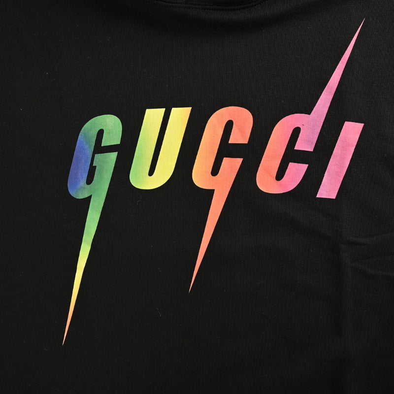 Gucci Black Heavyweight Cotton Hoodie with Rainbow Gradient Wordmark Print