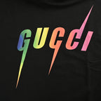 Gucci Black Heavyweight Cotton Hoodie with Rainbow Gradient Wordmark Print