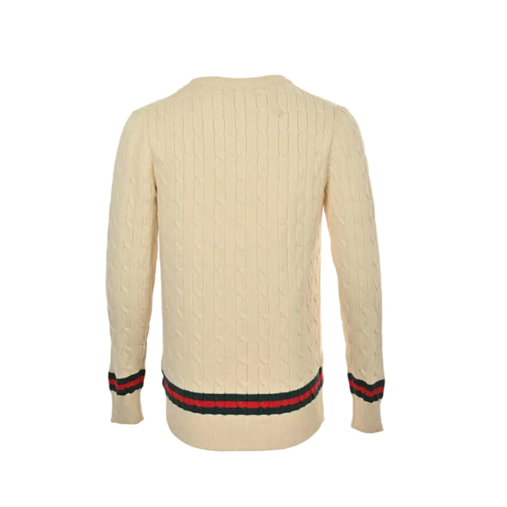 Gucci Ivory Ladder-Stitch Knit Crewneck Sweater with Heritage Stripe Trim