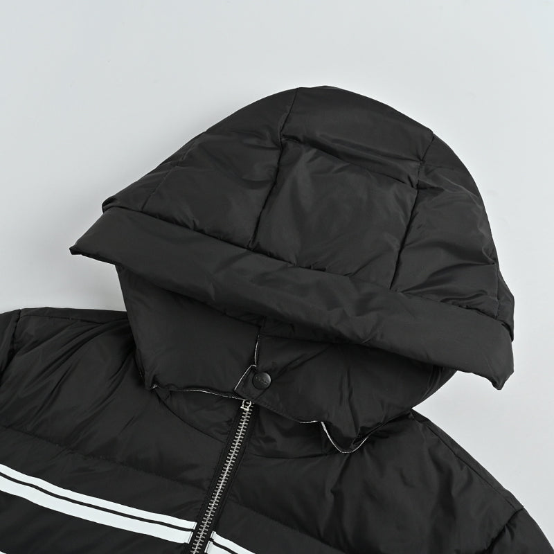 Gucci Black Down Puffer Hooded Jacket with Stripe Wordmark