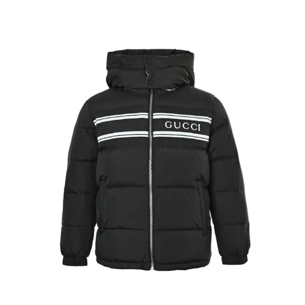 Gucci Black Down Puffer Hooded Jacket with Stripe Wordmark