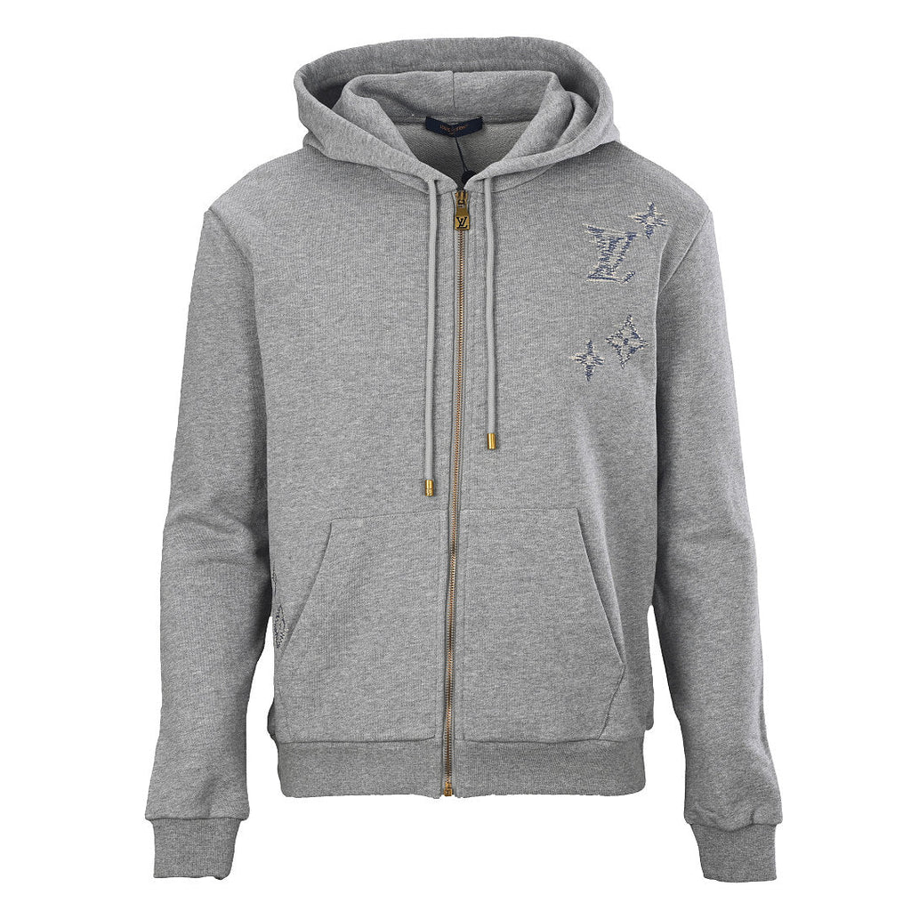 Louis Vuitton Monogram Embroidered Zip Hoodie — Grey