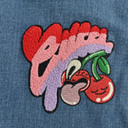 Gucci Blue Denim Varsity Jacket with Cream Leather Sleeves and Cherry Appliqué