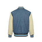 Gucci Blue Denim Varsity Jacket with Cream Leather Sleeves and Cherry Appliqué