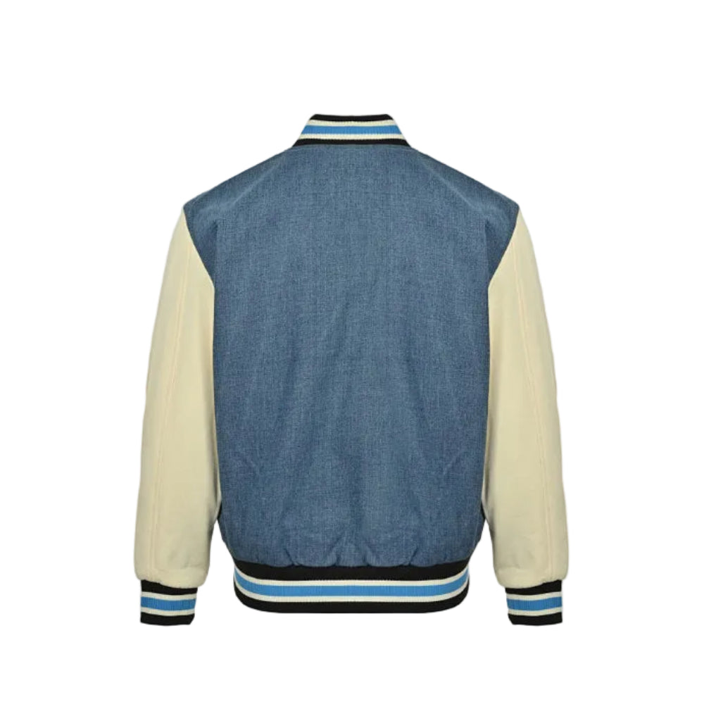 Gucci Blue Denim Varsity Jacket with Cream Leather Sleeves and Cherry Appliqué