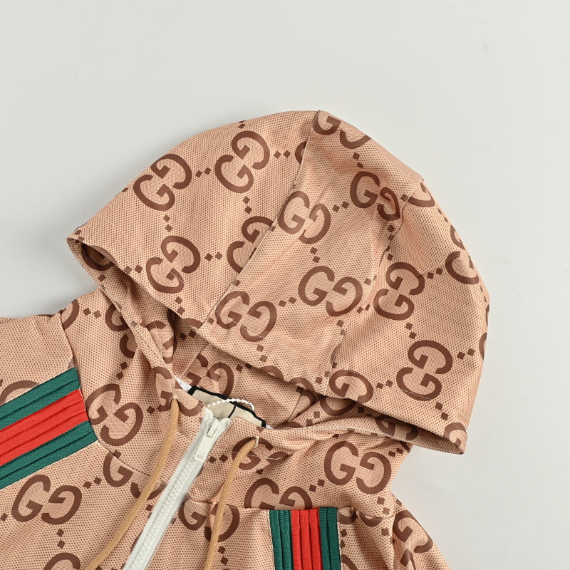 Gucci Camel All-Over Monogram Print Hooded Zip Jacket with Heritage Stripe