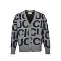 Gucci Grey Oversized Letter Jacquard V-Neck Knit Cardigan