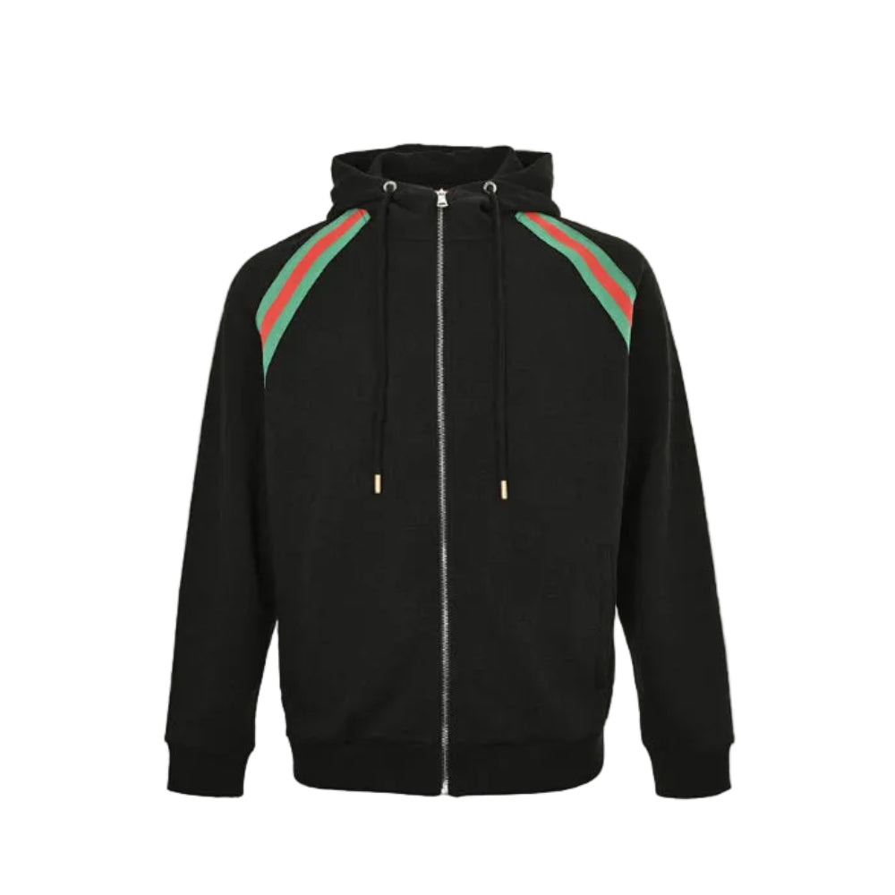 Gucci Black Heavyweight Hooded Full-Zip Jacket with Shoulder Heritage Stripe