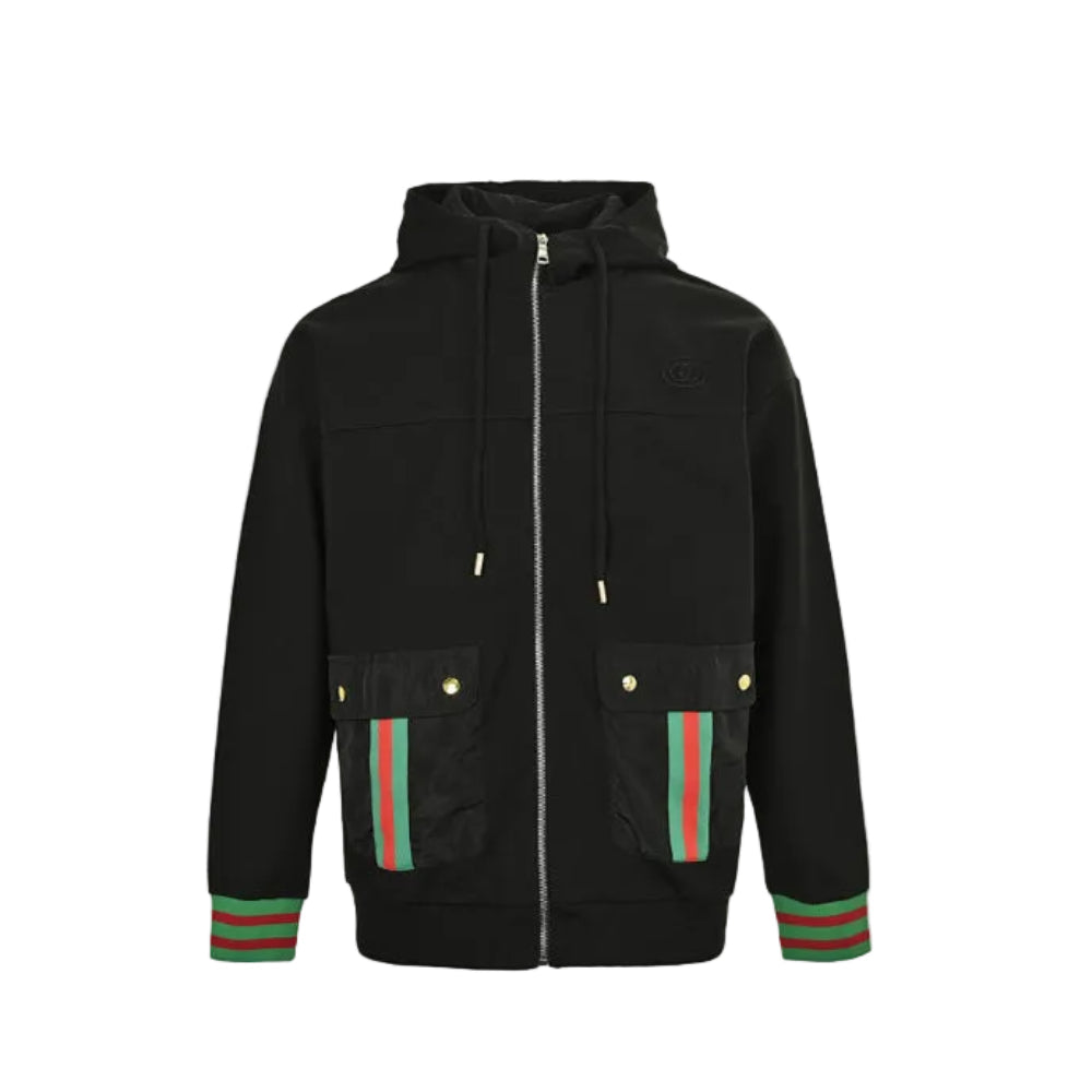 Gucci Black Hooded Full-Zip Jacket with Heritage Stripe Pockets and Cuffs