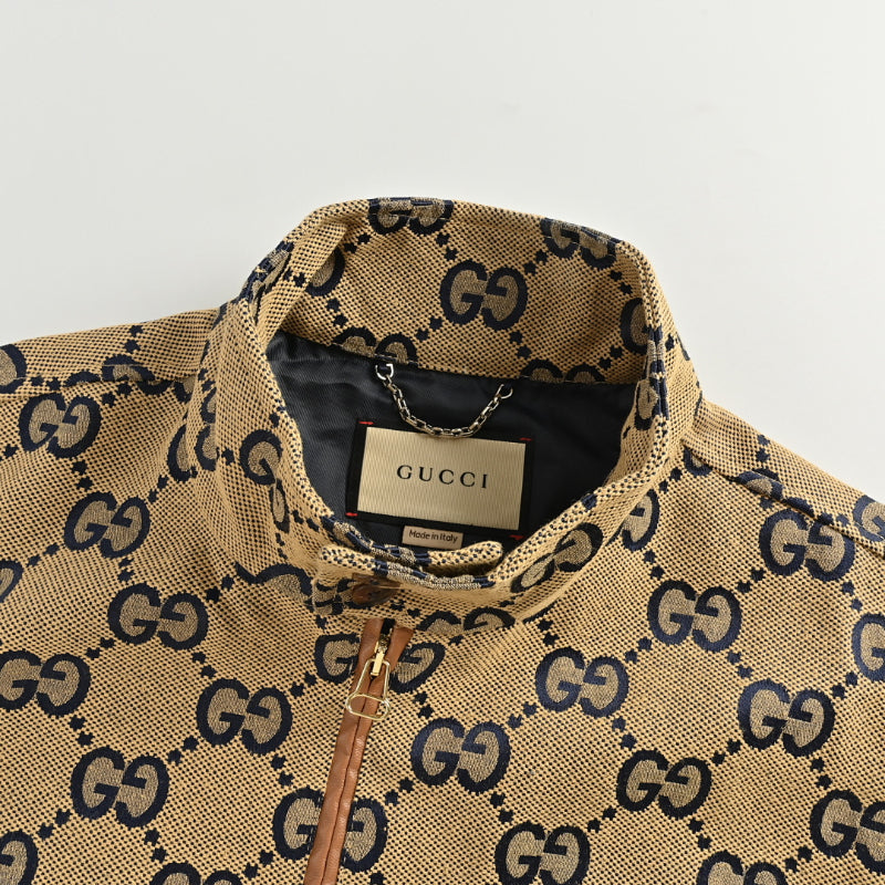 Gucci Camel All-Over Monogram Harrington Jacket with Ribbed Cuffs