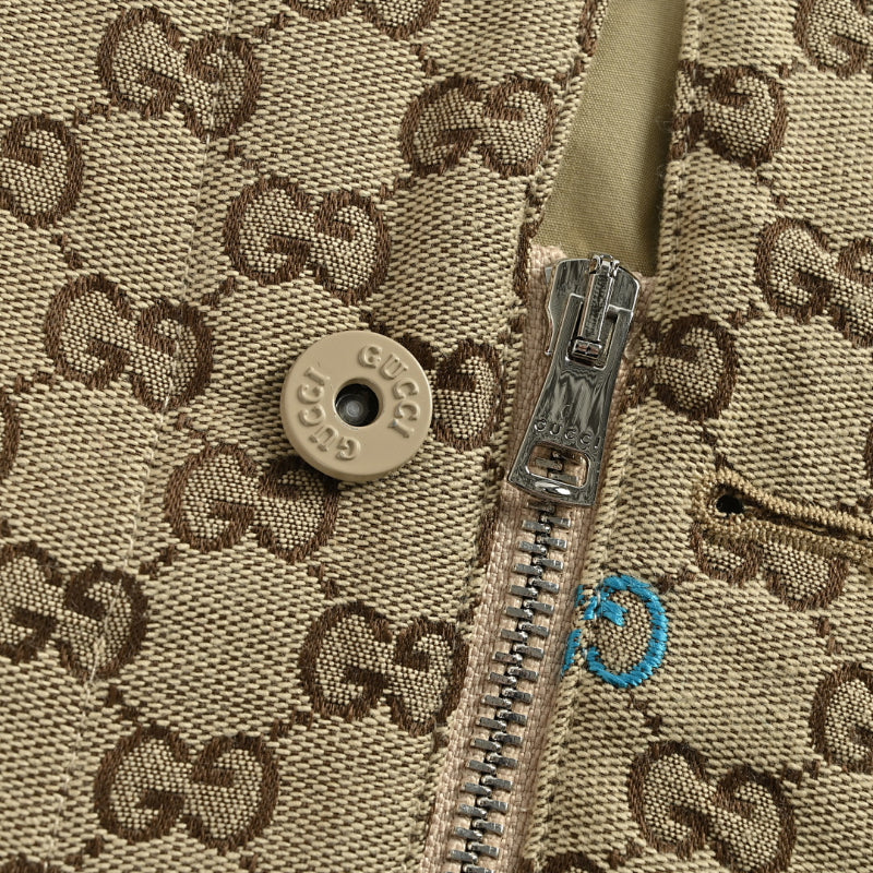 Gucci Beige Monogram Jacquard Full-Zip Spread Collar Overshirt Jacket