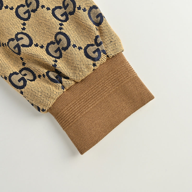 Gucci Camel All-Over Monogram Harrington Jacket with Ribbed Cuffs