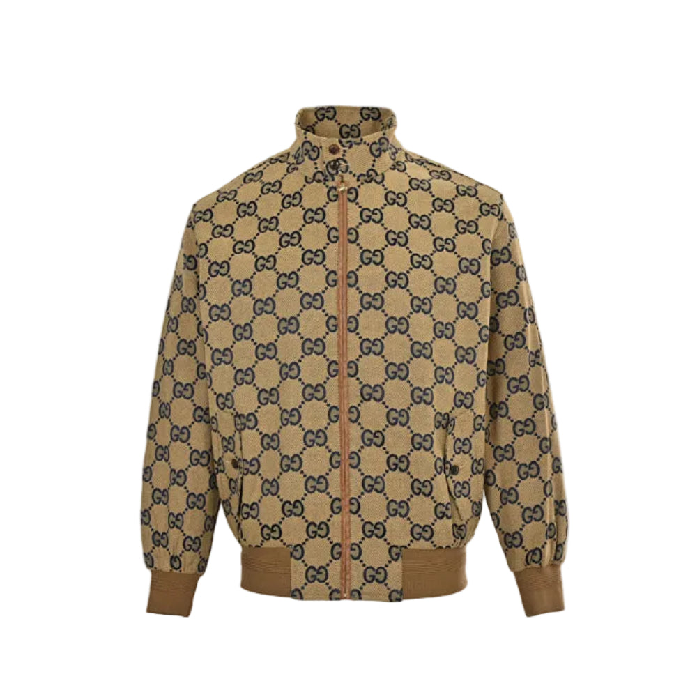 Gucci Camel All-Over Monogram Harrington Jacket with Ribbed Cuffs