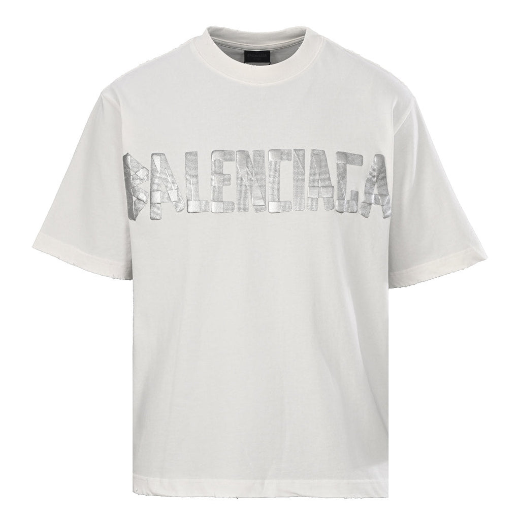 Balenciaga Silver Raised Tape Logo T-Shirt – White