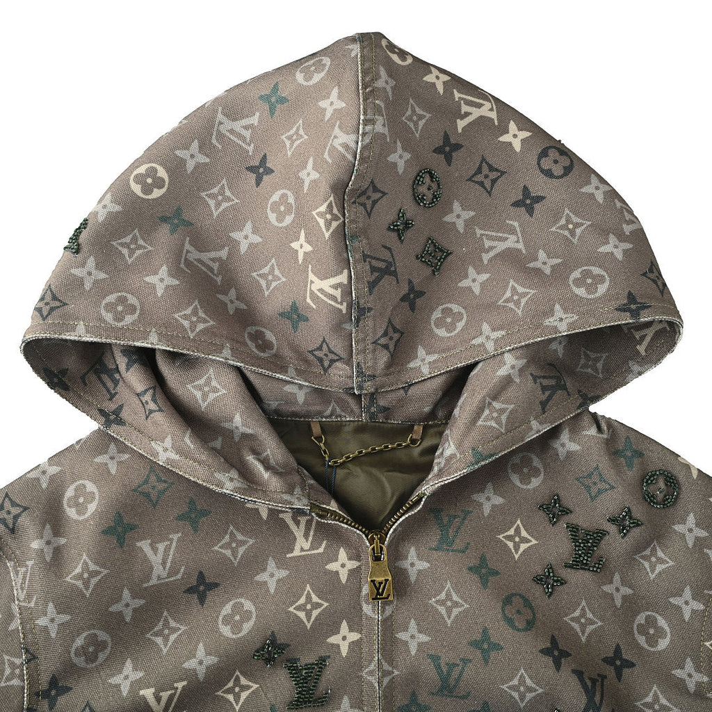 Louis Vuitton All-Over Monogram Crystal-Embellished Hooded Jacket — Khaki