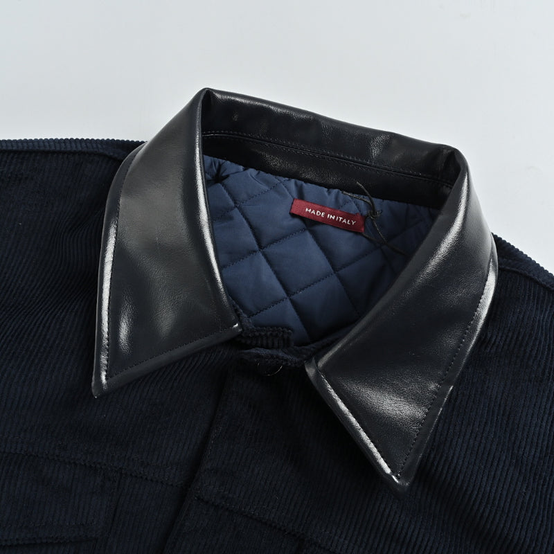 Gucci Navy Corduroy Leather Collar Quilted Jacket with Monogram Embroidery