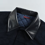 Gucci Navy Corduroy Leather Collar Quilted Jacket with Monogram Embroidery