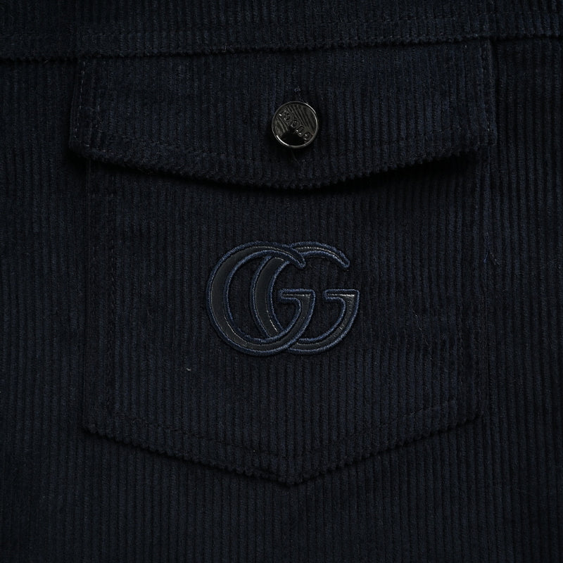 Gucci Navy Corduroy Leather Collar Quilted Jacket with Monogram Embroidery