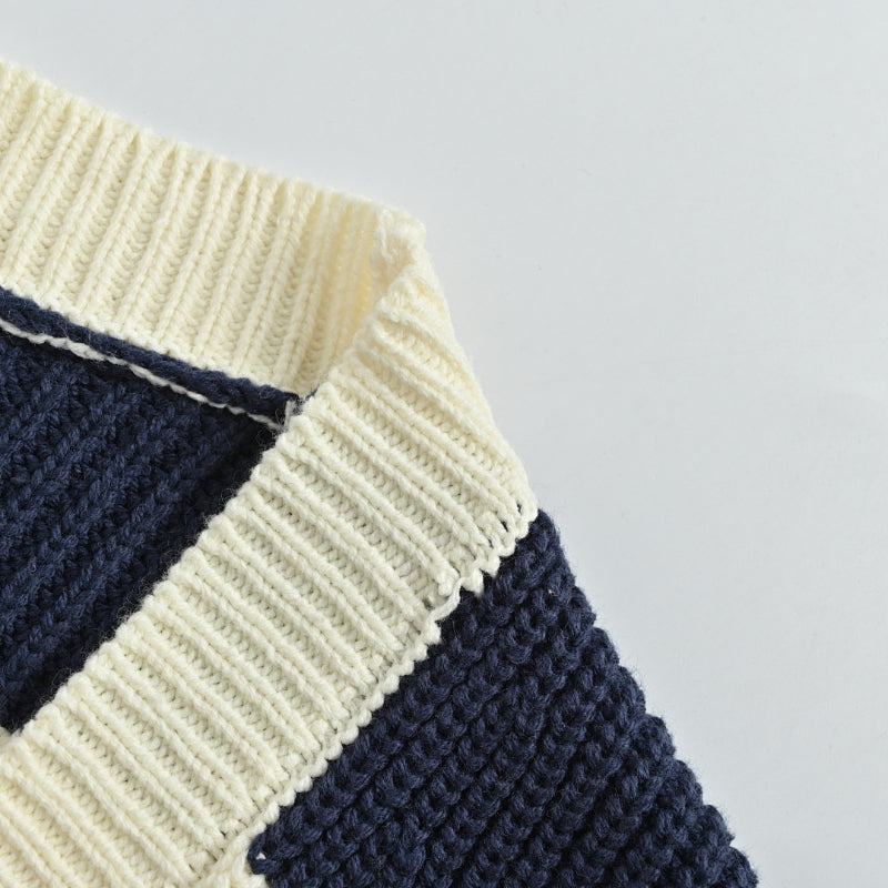 Gucci Ivory Cricket Stripe Knit V-Neck Cardigan with Navy Trim