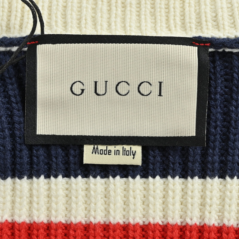 Gucci Ivory Cricket Stripe Knit V-Neck Cardigan with Navy Trim