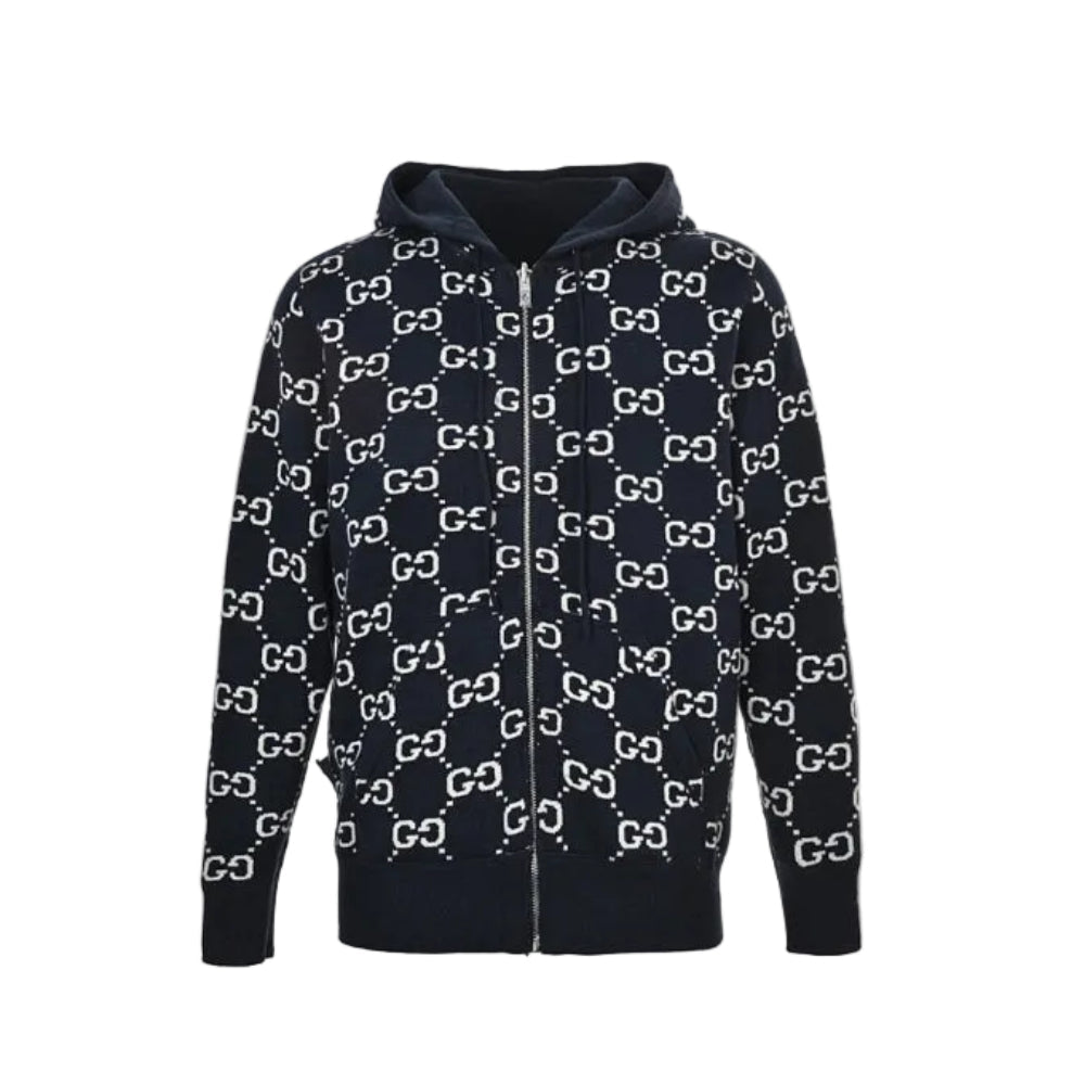 Gucci Navy All-Over Monogram Jacquard Knit Hooded Full-Zip Jacket