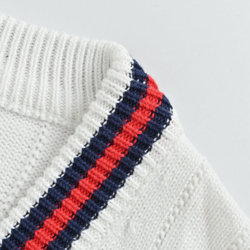 Gucci White Textured Knit V-Neck Cardigan with Tricolor Stripe Trim