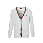 Gucci White Textured Knit V-Neck Cardigan with Tricolor Stripe Trim
