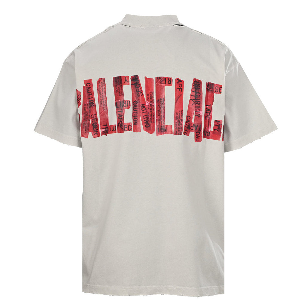 Balenciaga Red Caution Tape Logo T-Shirt – Beige