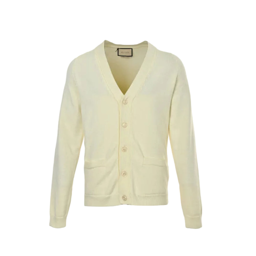 Gucci Ivory Fine Knit V-Neck Cardigan with Patch Pockets