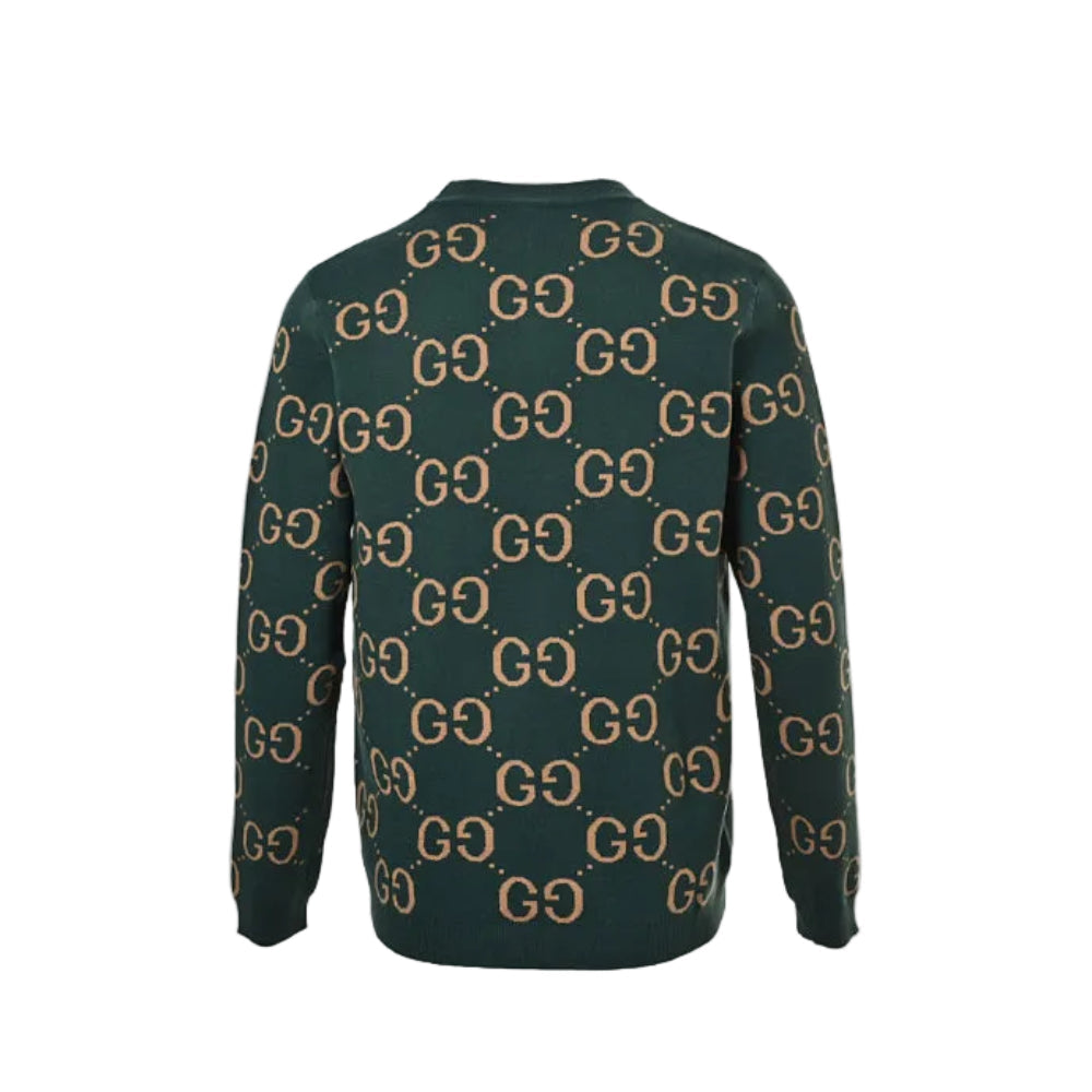 Gucci Forest Green All-Over Monogram Jacquard Crewneck Knit Sweater