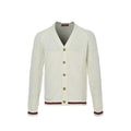 Gucci Ivory Open-Knit V-Neck Button Cardigan with Stripe Trim