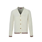 Gucci Ivory Open-Knit V-Neck Button Cardigan with Stripe Trim