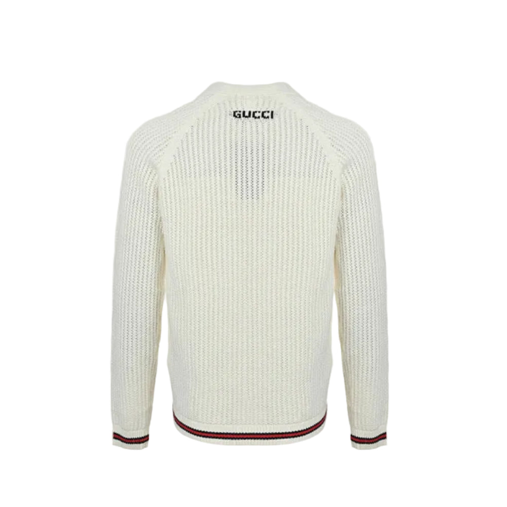 Gucci Ivory Open-Knit V-Neck Button Cardigan with Stripe Trim