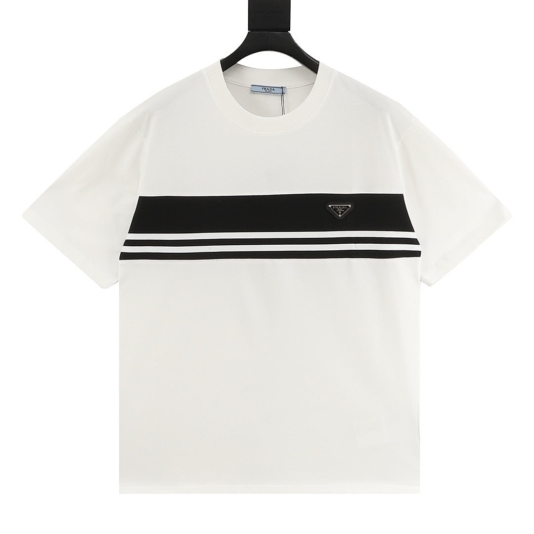 Prada Stripe-Panel Triangle Logo T-Shirt
