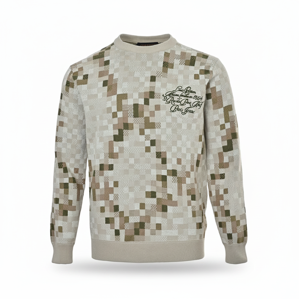 Off-white crewneck sweater with neutral pixel mosaic pattern and black script chest detail