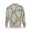 Off-white crewneck sweater with neutral pixel mosaic pattern and black script chest detail