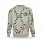 Off-white crewneck sweater with neutral pixel mosaic pattern and black script chest detail